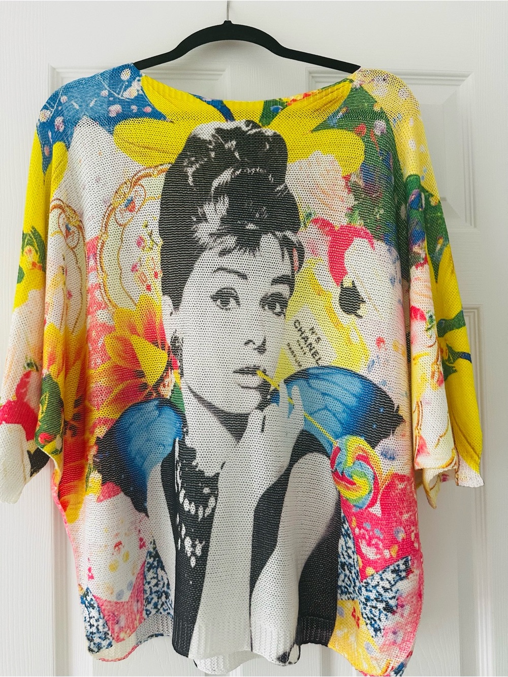 CHANEL Multicolor Audrey Hepburn Graphic Knit Top- Colorful Batwing Dolman Sleev - Picture 2 of 9
